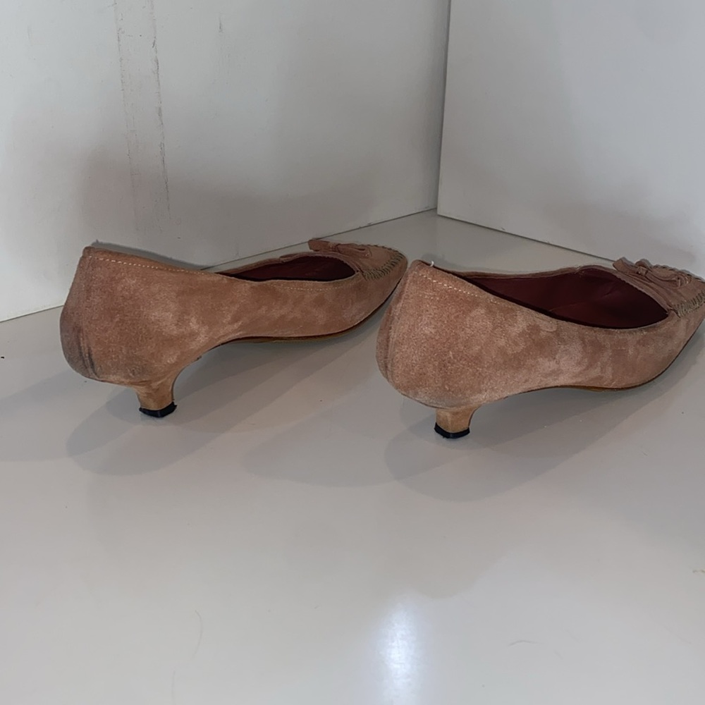 PRADA pale rose SUEDE kitten heel loafers squared toe W bow, 1.5” pumps 37 VGUC - Picture 14 of 16